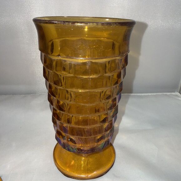 Vintage Indiana Glass Whitehall Cubist Amber Iced Tea Footed Glass Tumbler 3 - Picture 5 of 8